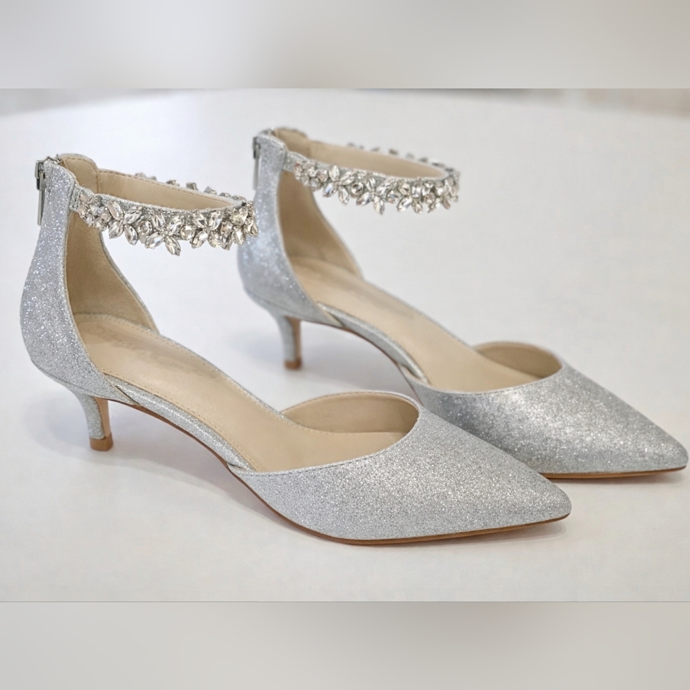 Silver Glitter Rhinestone Bridal Prom Kitten Heels 6.5 New